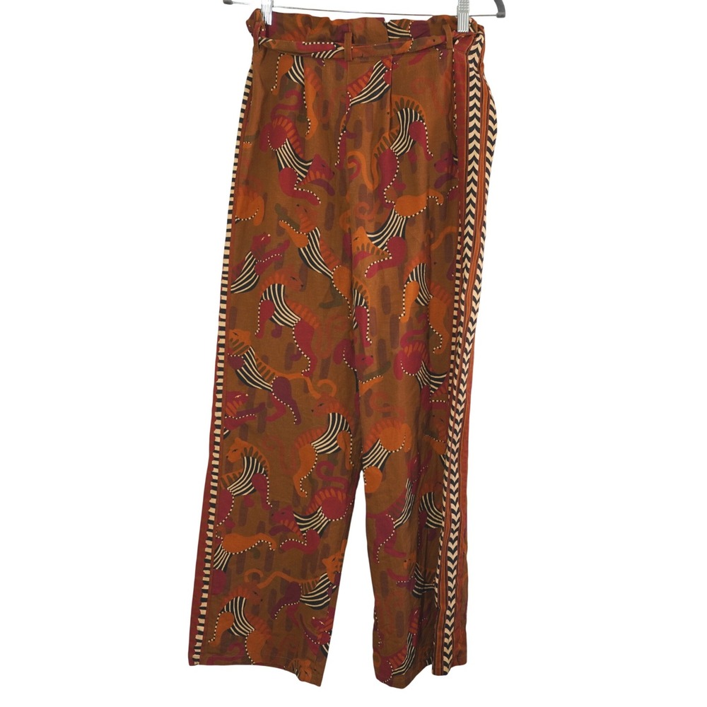 Farm Rio Anthropologie Tiger Print Wide Leg Paperbag Pants Rust Brown Small - Picture 9 of 9